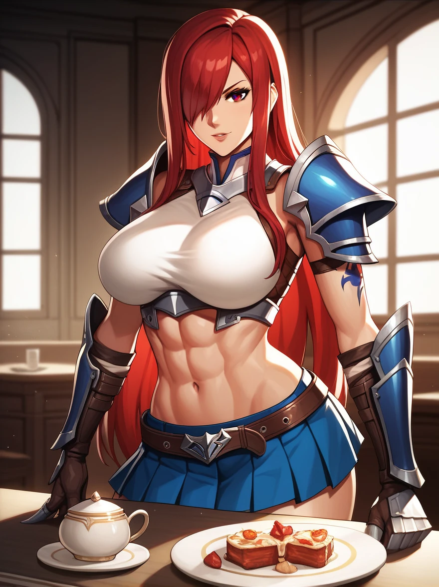 Erza, brown eyes, pauldrons,blue skirt, tattoo, gloves, breastplate, 1girl, gauntlets, belt,pleated skirt, , red hair, shoulder armor, looking at viewer, ,masterpiece, best quality,animerza, upper body, highres, room, big breasts, navel, indoors, hair over one eye,
