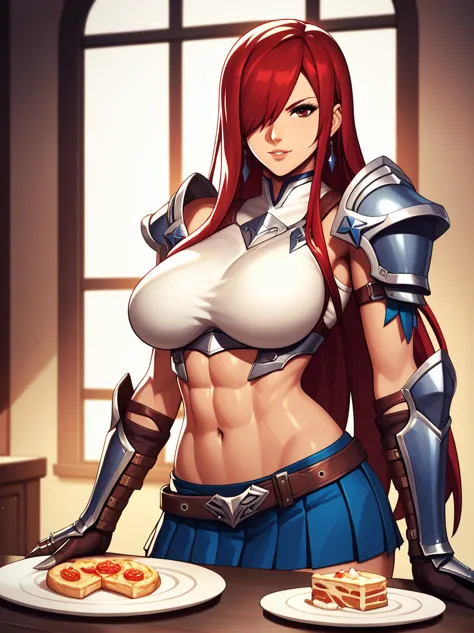 erza, brown eyes, pauldrons,blue skirt, tattoo, gloves, breastplate, 1girl, gauntlets, belt,pleated skirt, , red hair, shoulder ...