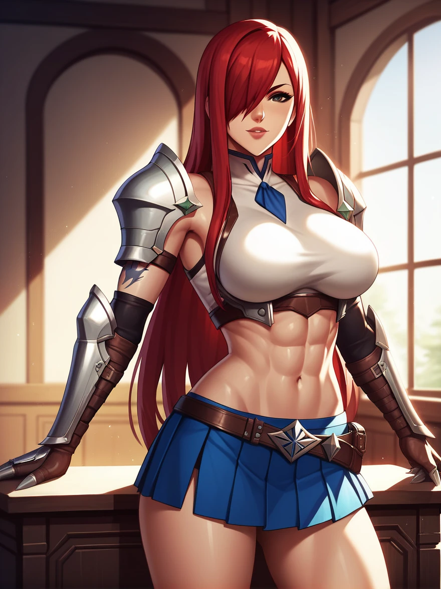 Erza, brown eyes, pauldrons,blue skirt, tattoo, gloves, breastplate, 1girl, gauntlets, belt,pleated skirt, , red hair, shoulder armor, looking at viewer, ,masterpiece, best quality,animerza, upper body, highres, room, big breasts, navel, indoors, hair over one eye,
