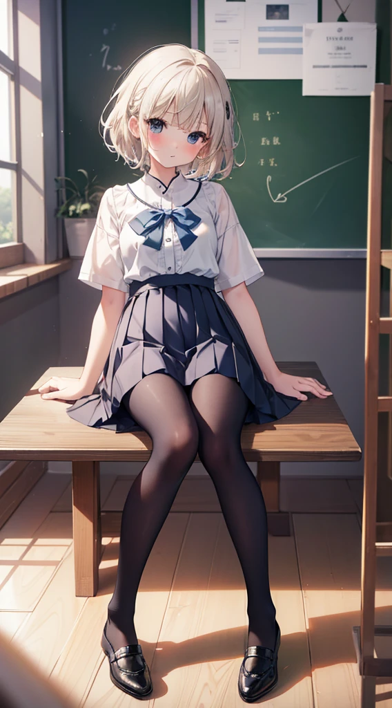 (8k、Best image quality、Highest quality、masterpiece)、One Girl、((Full body))、Sitting on the floor、White panties are visible、short hair、Wavy Hair、blush、Moderate bust、White collared shirt、Short sleeve、((Blue pleated mini skirt))、Cowboy Shot、Classroom Background、((black tights))、Black Pantyhose、((No shoes))