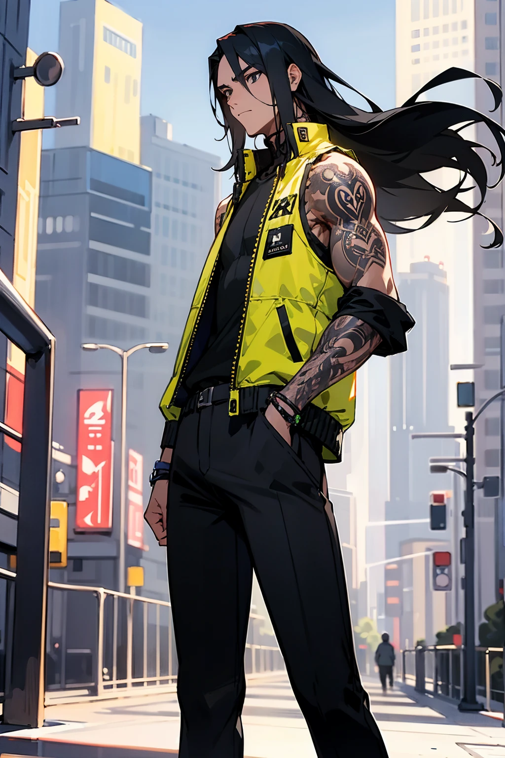 1male, black long hair, expressionless, sleeveless jacket, black pants, arm tattoos, city background, detailed background, hands to side, standing on path