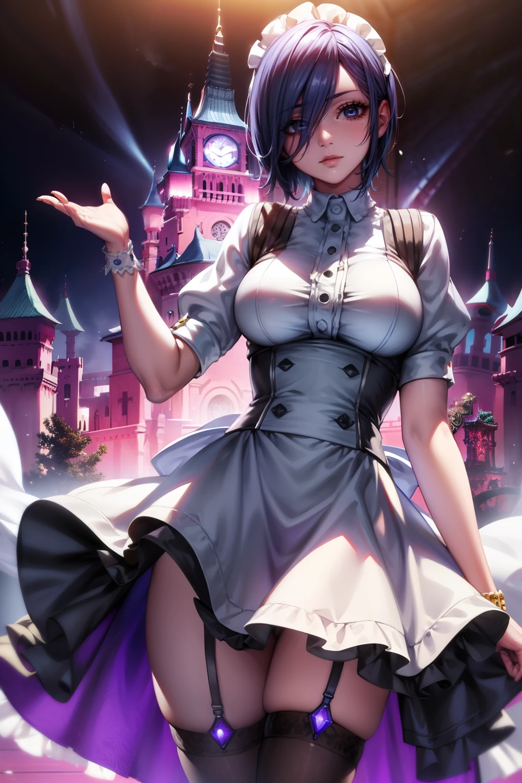 Beautiful face, beauty, white skin, purple-blue eyes, short purple-blue hair, hair covering her left eye, cute body, Cute waitress outfit, detailed black dress, white embellished apron, An ornate dress containing embellishments and bows, a castle maid's dress,   castle background, Touka Kirishima, Tokyo Ghoul 