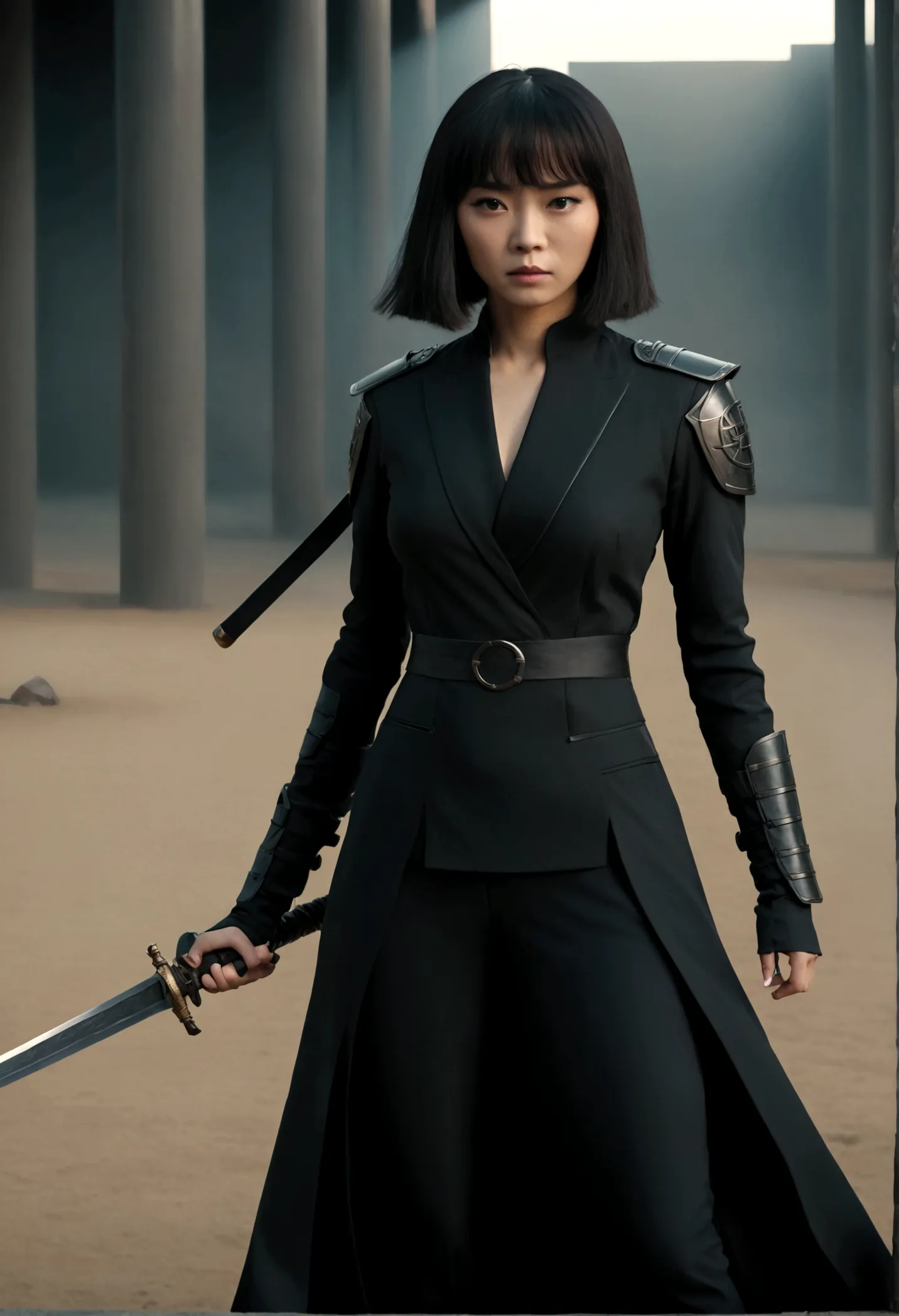 beautiful chinese woman in a black suit, holds a sword, full body cinematic shot, "modern superhero costume", chinese woman with...