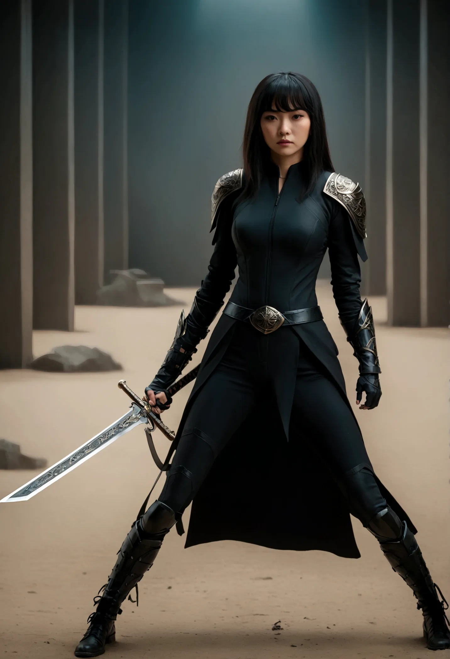 beautiful chinese woman in a black suit, holds a sword, full body cinematic shot, "modern superhero costume", chinese woman with...