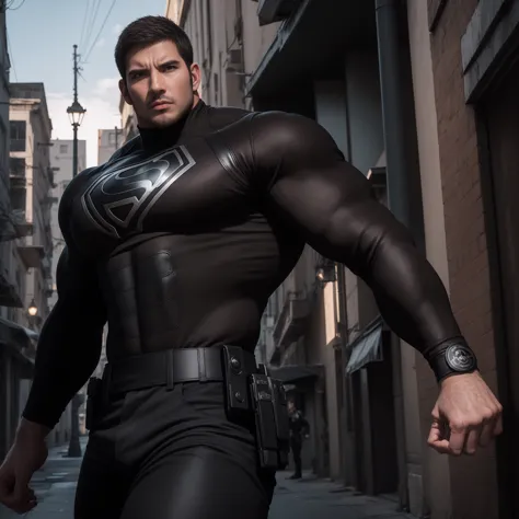 1名Angry super muscular man,  short hair，On a vintage outdoor street under the hot sun, Wear long sleeve dark brown superhero bla...