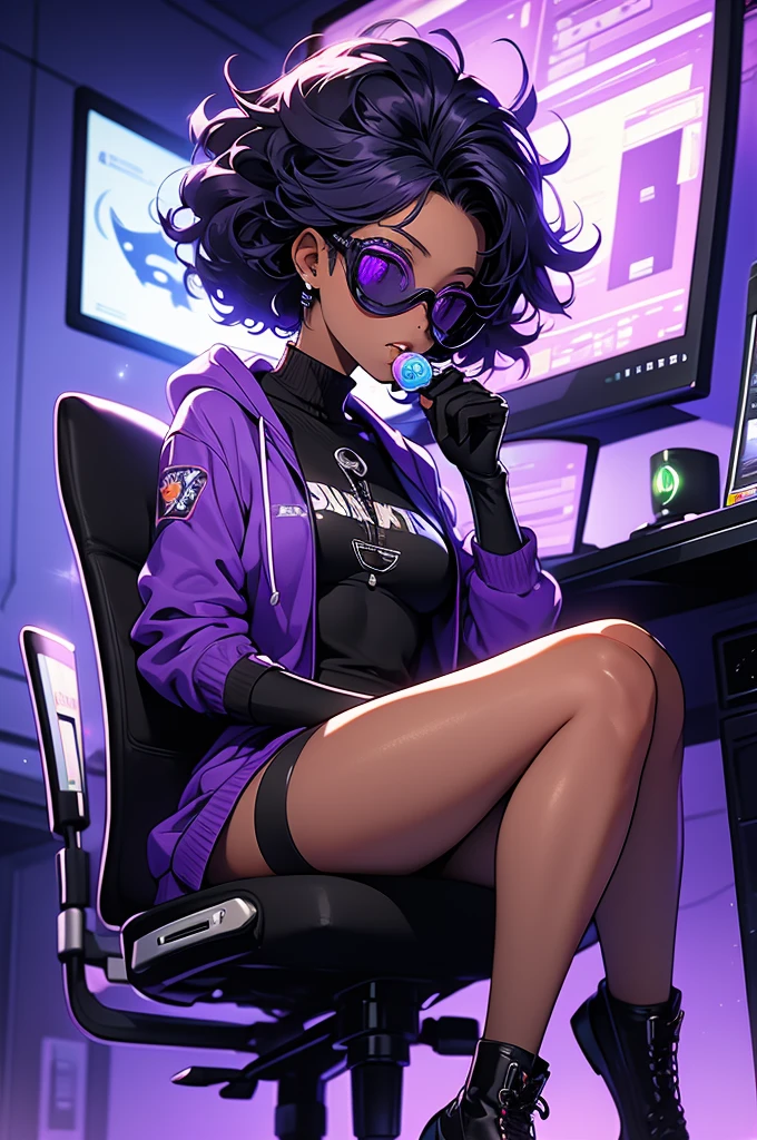 (best quality), masterpiece, full body shot, anime, NSFW, ecchi, perfect body, 1girl, female, short woman, (tan skin), short curly black & violet hair, violet goggles, eating candy, evil smile, sucking on a lollipop, hacker, super villain, super villain suit, violet hoodie, suit tech, hacking gloves, high tech boots, computers, sound waves, stylized suit symbol, futuristic style, sitting pose, cushy office chair, futuristic office background, dark room