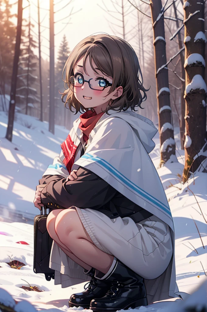 Yo Watanabe, Yu Watanabe, short hair, blue eyes, Brown Hair, smile, Grin,Mid-chest,Black-rimmed glasses,
Open your mouth,snow,Ground bonfire, Outdoor, boots, snowing, From the side, wood, suitcase, Cape, Blurred, having meal, forest, White handbag, nature,  Squat, Mouth closed, Cape, winter, Written boundary depth, Black shoes, red Cape break looking at viewer, Upper Body, whole body, break Outdoor, forest, nature, break (masterpiece:1.2), Highest quality, High resolution, unity 8k wallpaper, (shape:0.8), (Beautiful and beautiful eyes:1.6), Highly detailed face, Perfect lighting, Highly detailed CG, (Perfect hands, Perfect Anatomy),