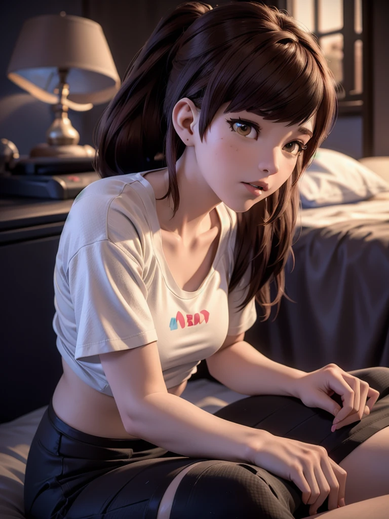 ((DVA from Overwatch)) without her mech, a woman with short brown hair in a (ponytail),she sits on her bed with her legs spread, high quality refelctions, volumetric lighting, she is wearing a ( ice white cropped loose fit t-shirt), very short sleeves, in her bedroom on her bed, 1 girl solo, cinematic lighting, high resolution, physically-based rendering, 8k, volumetric lighting, hyperrealistic, detailed facial features, masterpiece, full upper body, gaming setup in background, cinematic, you can see the fabric of the shirt and the knits very detailed,(she has very small  breasts), (nsfw), the focus is on her whole body and the environment, cinematic screenshot, you can see the (whole room) and her sitting on the bed, she wears an underwear panty as she is going to sleep soon, realistic clothing, soft textures, warm cinematic