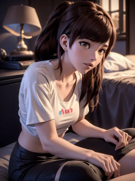 ((DVA from Overwatch)) without her mech, a woman with short brown hair in a (ponytail),she sits on her bed with her legs spread,...