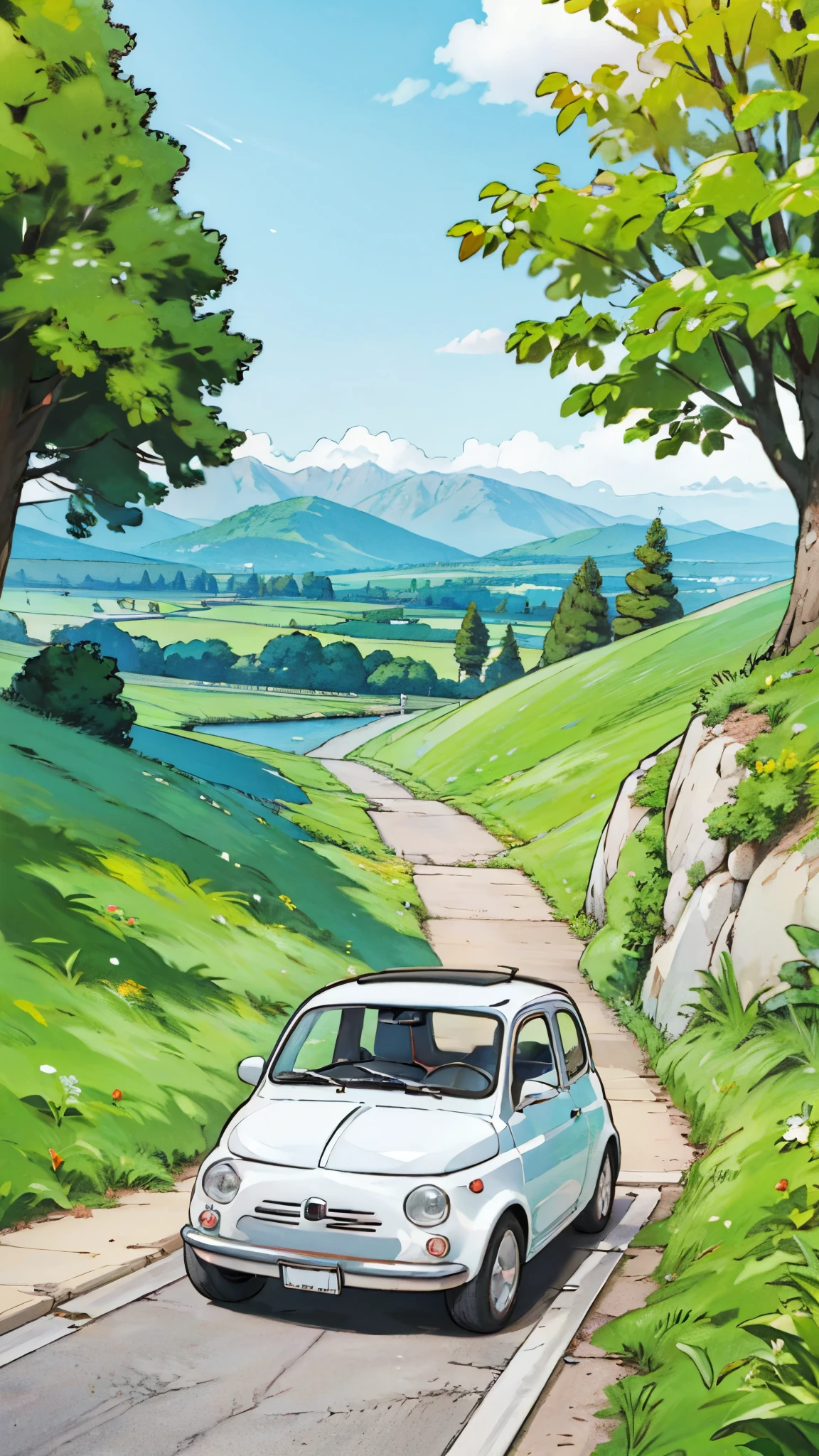 (masterpiece:1.2, Highest quality),(Very detailed),(((Anime Style))),8k,wallpaper,Fiat 500,Castle of Cagliostro,(((ghibli style)))