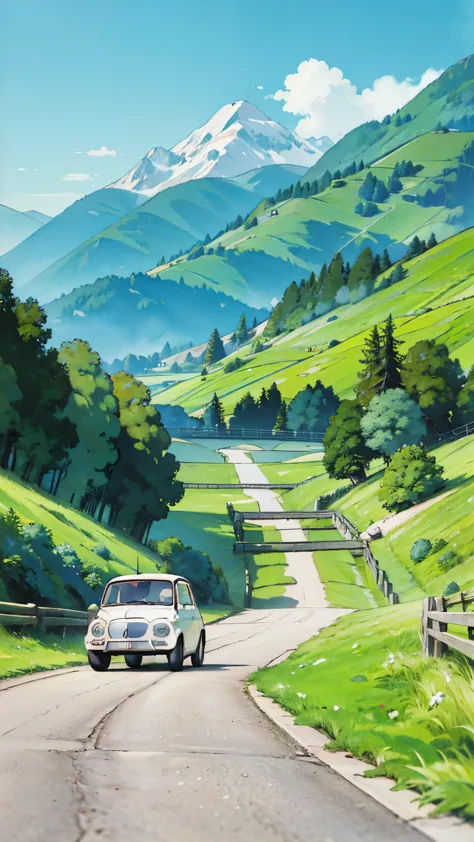 (masterpiece:1.2, Highest quality),(Very detailed),(((Anime Style))),8k,wallpaper,Fiat 500,Mountain,(ghibli style)