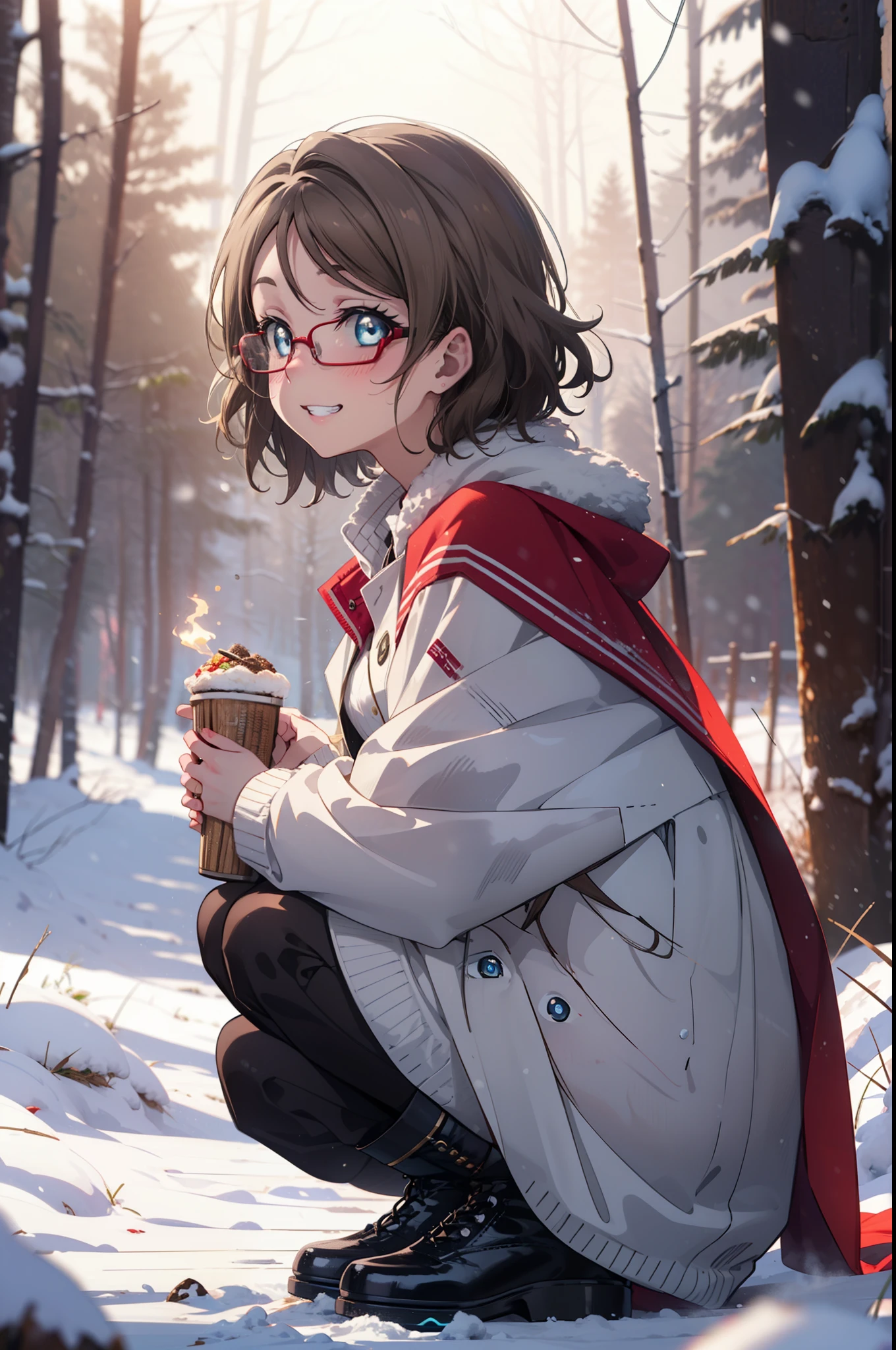 Yo Watanabe, Yu Watanabe, short hair, blue eyes, Brown Hair, smile, Grin,Mid-chest,Black-rimmed glasses,
Open your mouth,snow,Ground bonfire, Outdoor, boots, snowing, From the side, wood, suitcase, Cape, Blurred, having meal, forest, White handbag, nature,  Squat, Mouth closed, Cape, winter, Written boundary depth, Black shoes, red Cape break looking at viewer, Upper Body, whole body, break Outdoor, forest, nature, break (masterpiece:1.2), Highest quality, High resolution, unity 8k wallpaper, (shape:0.8), (Beautiful and beautiful eyes:1.6), Highly detailed face, Perfect lighting, Highly detailed CG, (Perfect hands, Perfect Anatomy),