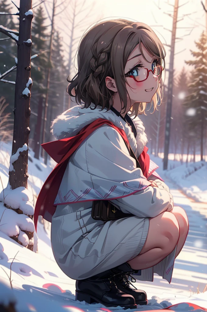 Yo Watanabe, Yu Watanabe, short hair, blue eyes, Brown Hair, smile, Grin,Mid-chest,Black-rimmed glasses,
Open your mouth,snow,Ground bonfire, Outdoor, boots, snowing, From the side, wood, suitcase, Cape, Blurred, having meal, forest, White handbag, nature,  Squat, Mouth closed, Cape, winter, Written boundary depth, Black shoes, red Cape break looking at viewer, Upper Body, whole body, break Outdoor, forest, nature, break (masterpiece:1.2), Highest quality, High resolution, unity 8k wallpaper, (shape:0.8), (Beautiful and beautiful eyes:1.6), Highly detailed face, Perfect lighting, Highly detailed CG, (Perfect hands, Perfect Anatomy),