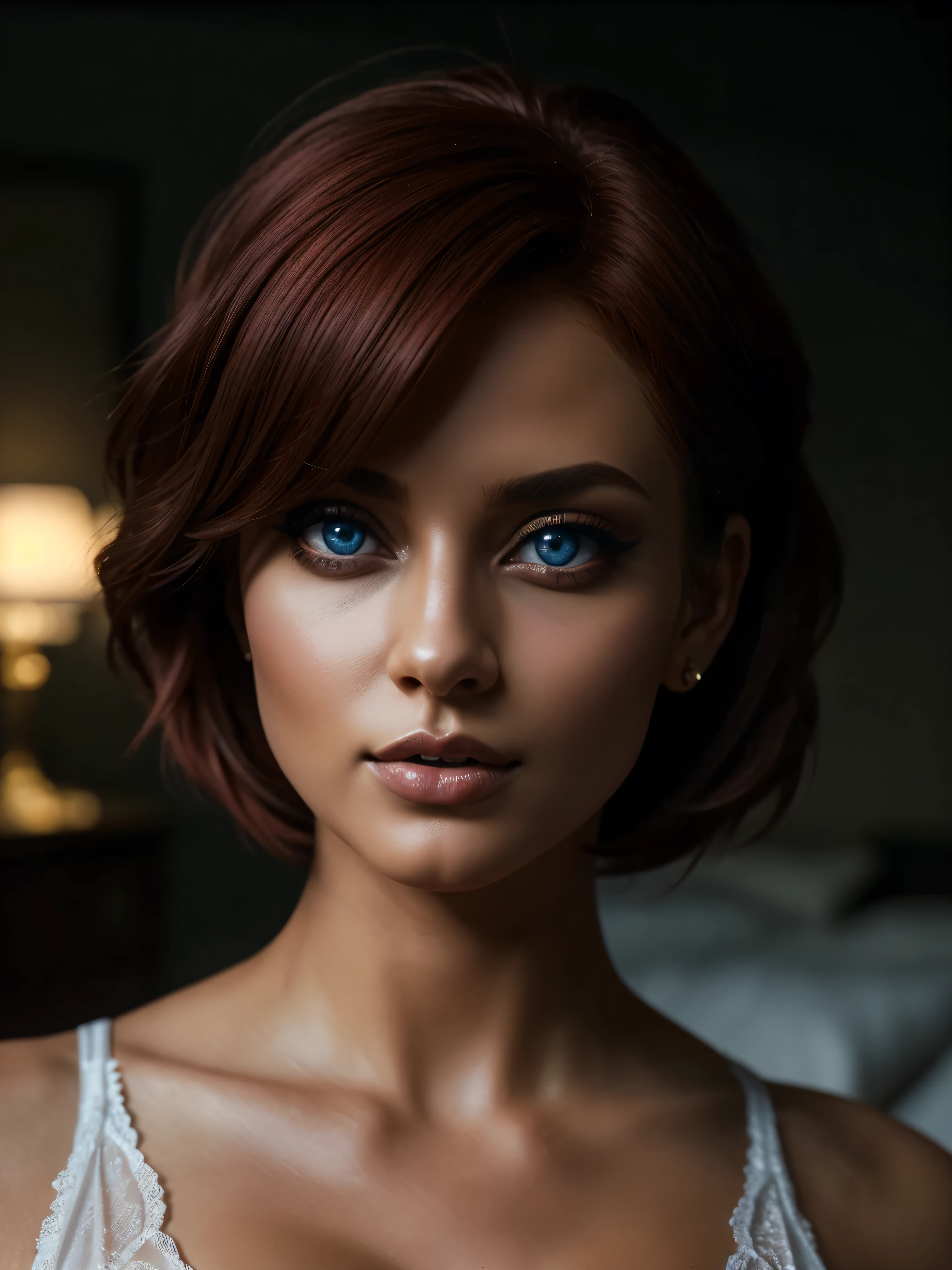 a very beautiful woman with dark skin, red hair in a bob hairstyle, expressive blue eyes, (( beautiful eyes)), juicy body, perfect body, (( whole body)), wearing white lace lingerie, in a bedroom setting with a sexy and erotic atmosphere,(best quality,4k,8k,highres,masterpiece:1.2),ultra-detailed,(realistic,photorealistic,photo-realistic:1.37),portrait,glamorous,dramatic lighting,cinematic,chiaroscuro HDMI, HDRI, UDHD,(( Scatter effect)), (( volume effect 1.1)), (( Depth of field 1.1)), (( fisheye lens)).(perfect details: 1.1), (beautiful and clear background: 1.2), ( extremely detailed CG, ultra detailed, best shadow: 1.1), (((finely detailed beautiful eyes))), (full length 1.1), Golden ratio, soft cinematic lighting, bed tones