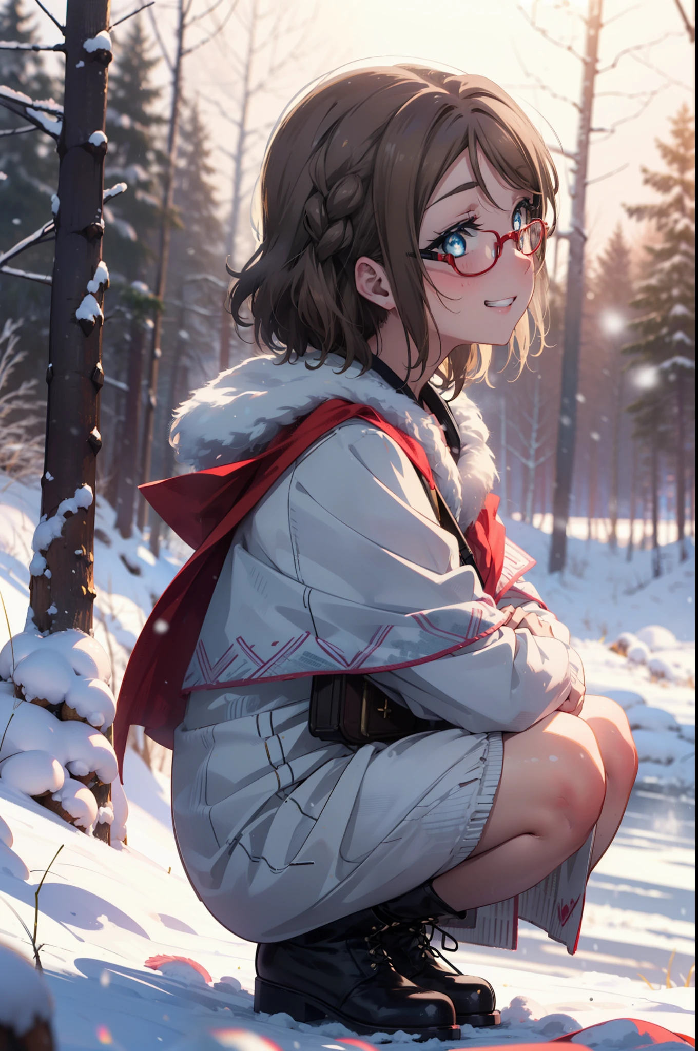 Yo Watanabe, Yu Watanabe, short hair, blue eyes, Brown Hair, smile, Grin,Mid-chest,Black-rimmed glasses,
Open your mouth,snow,Ground bonfire, Outdoor, boots, snowing, From the side, wood, suitcase, Cape, Blurred, having meal, forest, White handbag, nature,  Squat, Mouth closed, Cape, winter, Written boundary depth, Black shoes, red Cape break looking at viewer, Upper Body, whole body, break Outdoor, forest, nature, break (masterpiece:1.2), Highest quality, High resolution, unity 8k wallpaper, (shape:0.8), (Beautiful and beautiful eyes:1.6), Highly detailed face, Perfect lighting, Highly detailed CG, (Perfect hands, Perfect Anatomy),