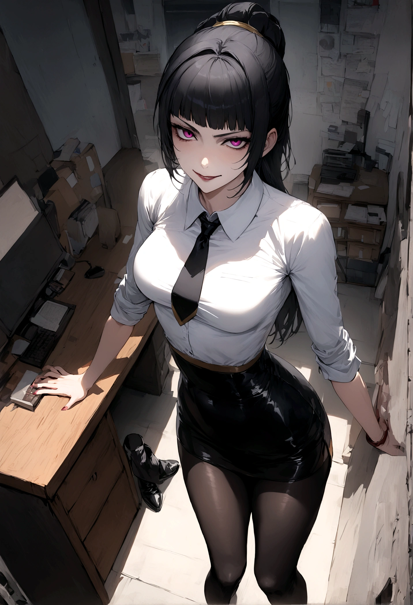 juri han, work of art, tight white secretary shirt with black tie, black high waist skirt, short skirt,stocking, black hair, black tights,evil smile,office,franja nos olhos,lighting,chifre de cabelos,view from above,olhando para cima
