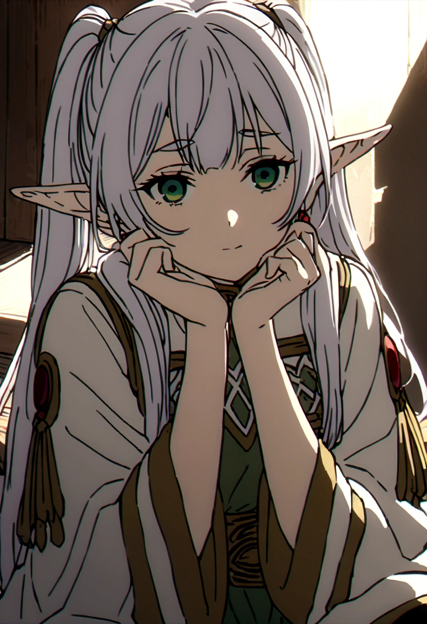 A highly detailed and expressive illustration of Frieren from the anime 'Frieren: Beyond Journey's End' sitting in a relaxed pose with her head resting on her hands looking directly at the camera with a calm and contemplative expression Frieren has long flowing silver hair styled in her usual twin ponytails each tied with a simple ribbon her elf ears are long and pointed adorned with her signature red earrings that dangle elegantly she has large expressive green eyes with a subtle shine framed by long lashes her outfit is her traditional attire consisting of a long white robe with gold trim and detailed embroidery along the edges underneath she wears a green tunic with a diamond-shaped pattern on the neckline paired with dark trousers her clothing appears slightly worn indicating her long journey but still well-kept the background is a solid contrasting color such as deep blue or black to facilitate easy recutting with soft natural lighting highlighting her serene expression and the intricate details of her clothing and hair the overall ambiance should reflect a sense of calmness and introspection capturing the essence of Frieren's characte