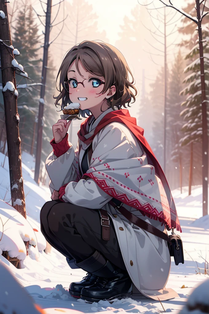 Yo Watanabe, Yu Watanabe, short hair, blue eyes, Brown Hair, smile, Grin,Mid-chest,Black-rimmed glasses,
Open your mouth,snow,Ground bonfire, Outdoor, boots, snowing, From the side, wood, suitcase, Cape, Blurred, having meal, forest, White handbag, nature,  Squat, Mouth closed, Cape, winter, Written boundary depth, Black shoes, red Cape break looking at viewer, Upper Body, whole body, break Outdoor, forest, nature, break (masterpiece:1.2), Highest quality, High resolution, unity 8k wallpaper, (shape:0.8), (Beautiful and beautiful eyes:1.6), Highly detailed face, Perfect lighting, Highly detailed CG, (Perfect hands, Perfect Anatomy),