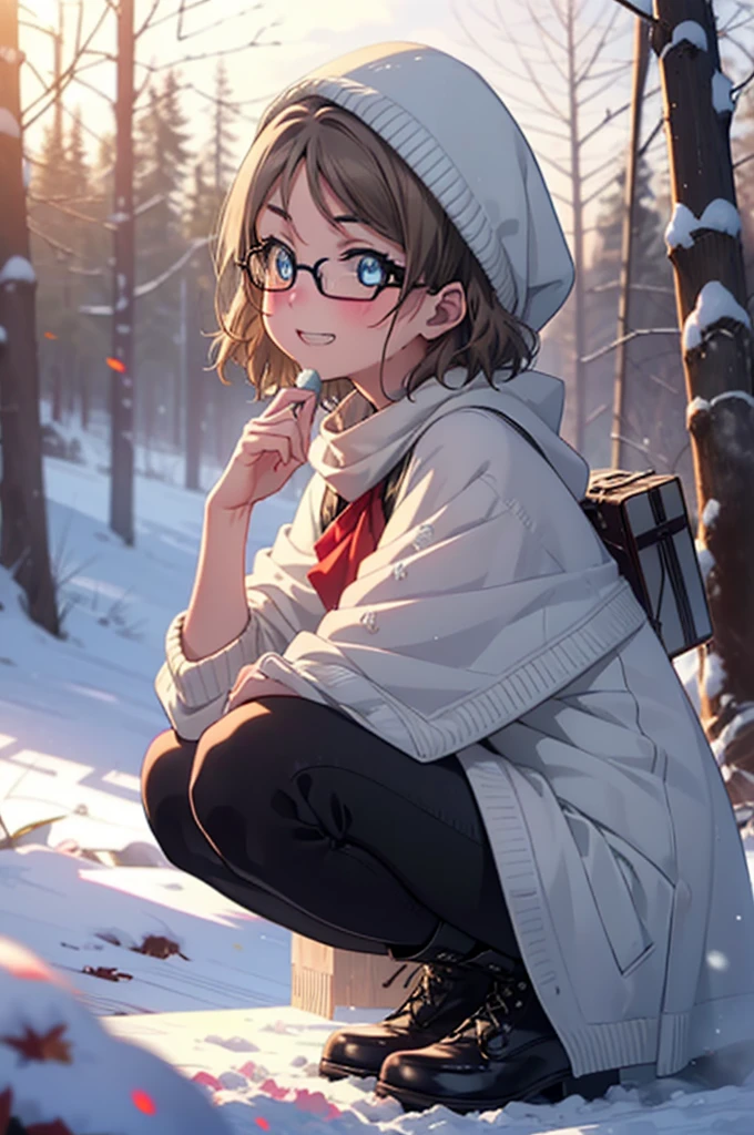 Yo Watanabe, Yu Watanabe, short hair, blue eyes, Brown Hair, smile, Grin,Mid-chest,Black-rimmed glasses,
Open your mouth,snow,Ground bonfire, Outdoor, boots, snowing, From the side, wood, suitcase, Cape, Blurred, having meal, forest, White handbag, nature,  Squat, Mouth closed, Cape, winter, Written boundary depth, Black shoes, red Cape break looking at viewer, Upper Body, whole body, break Outdoor, forest, nature, break (masterpiece:1.2), Highest quality, High resolution, unity 8k wallpaper, (shape:0.8), (Beautiful and beautiful eyes:1.6), Highly detailed face, Perfect lighting, Highly detailed CG, (Perfect hands, Perfect Anatomy),