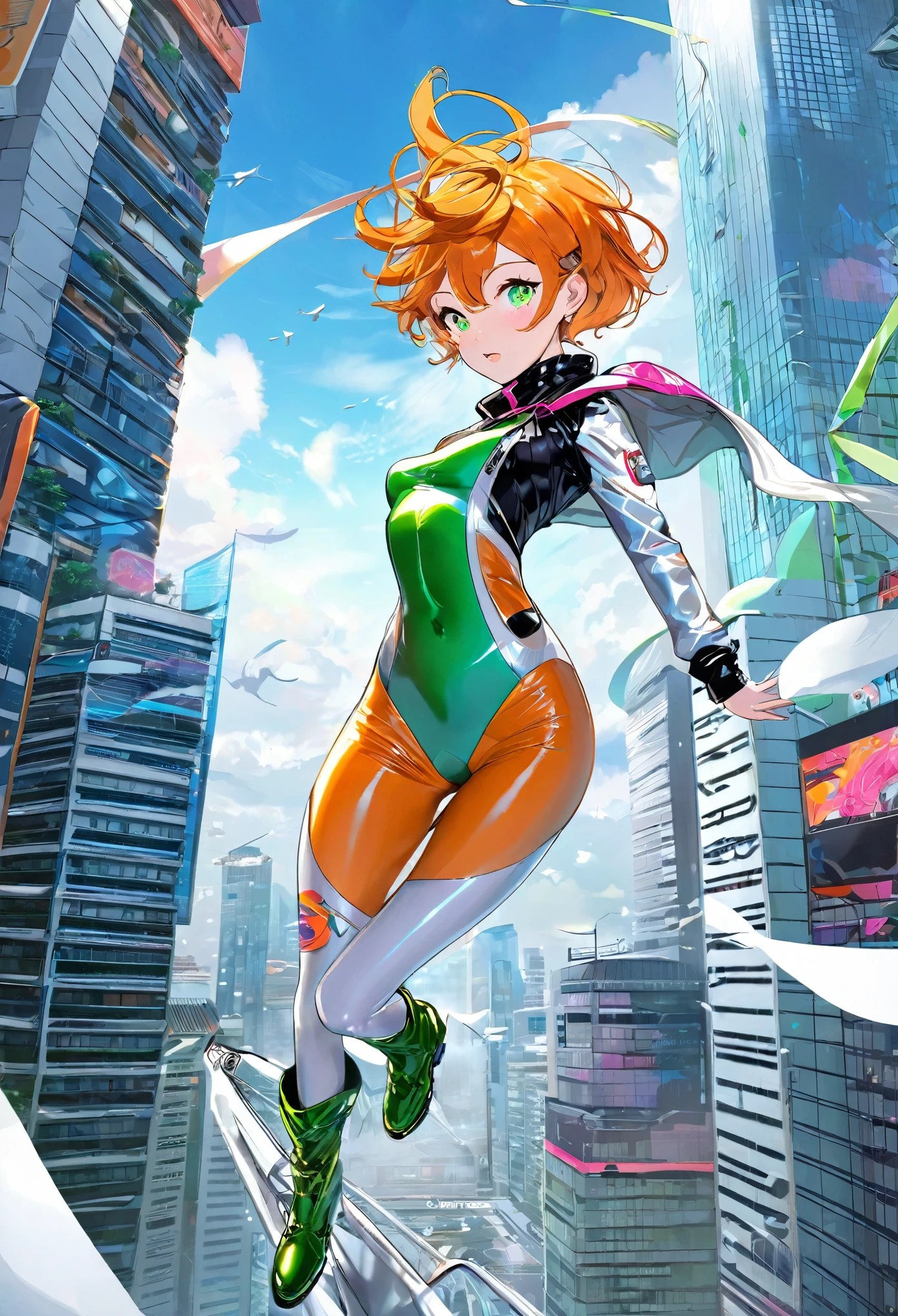 best quality, super fine, 16k, incredibly absurdres, extremely detailed, 2.5D, delicate and dynamic, cute lady, orange messy wavy short hair, clear green pupils, flying and floating with jet boots made of plated metal that look like boots, hot pink tight seamless shiny bodysuit with lots of writing, white down jacket, rooftop of skyscraper, (magnificent view:1.5), wind, wind-effects, extra-dimensional effects