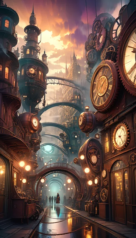 (steampunk:1.5), futuristic city street landscape, intricate bridges, mysterious fog, art inspired by bill sienkiewicz, advanced...