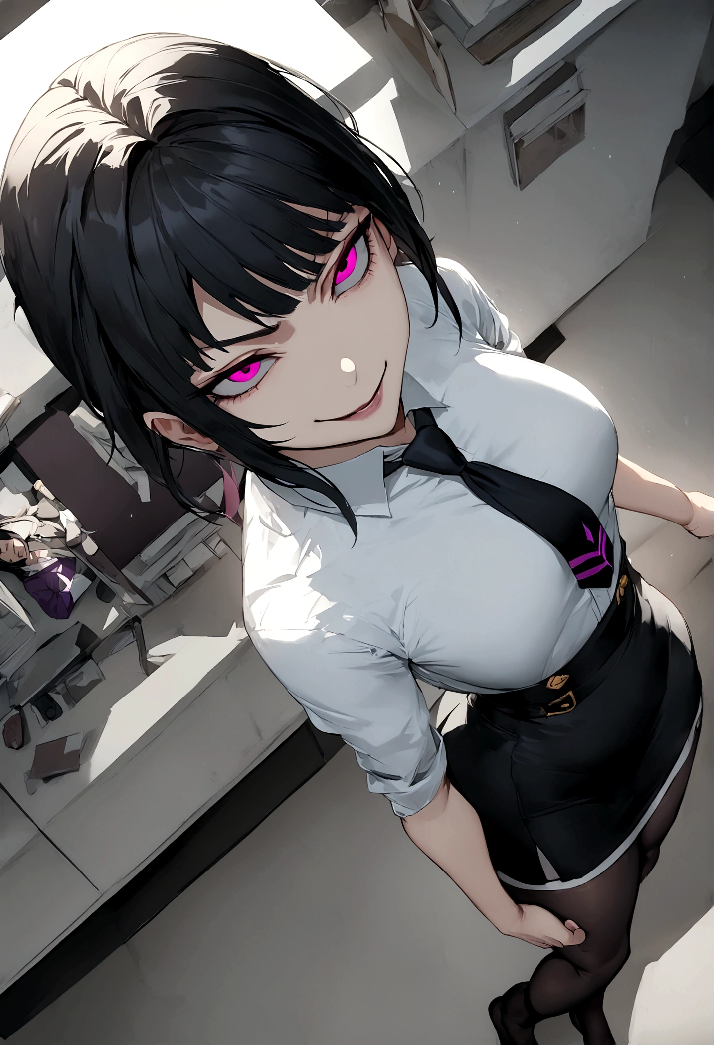 juri han, work of art, tight white secretary shirt with black tie, black high waist skirt, short skirt,stocking, black hair, black tights,evil smile,office,franja nos olhos,lighting,chifre de cabelos,view from above,olhando para cima
