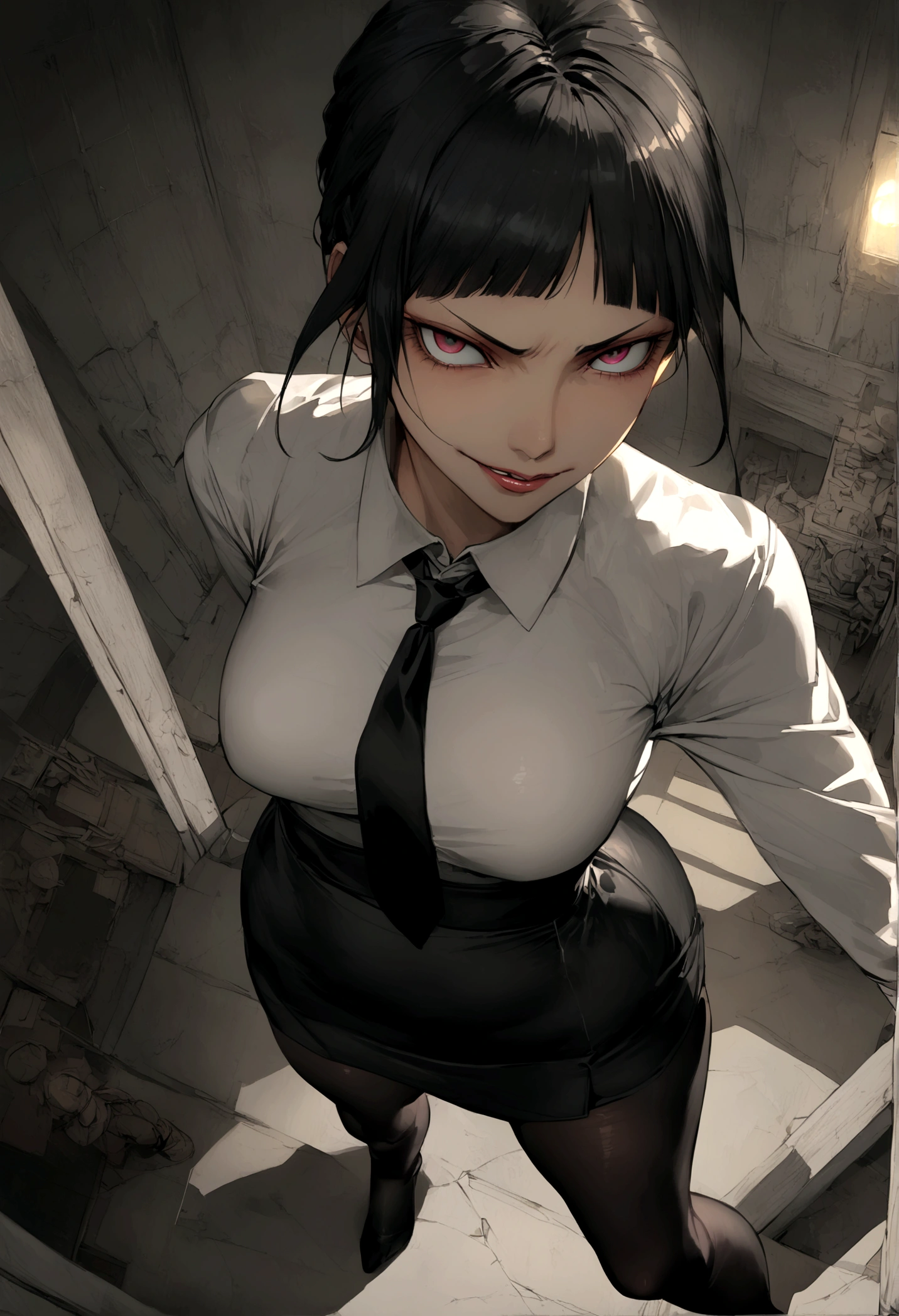 juri han, work of art, tight white secretary shirt with black tie, black high waist skirt, short skirt,stocking, black hair, black tights,evil smile,office,franja nos olhos,lighting,chifre de cabelos,view from above,olhando para cima
