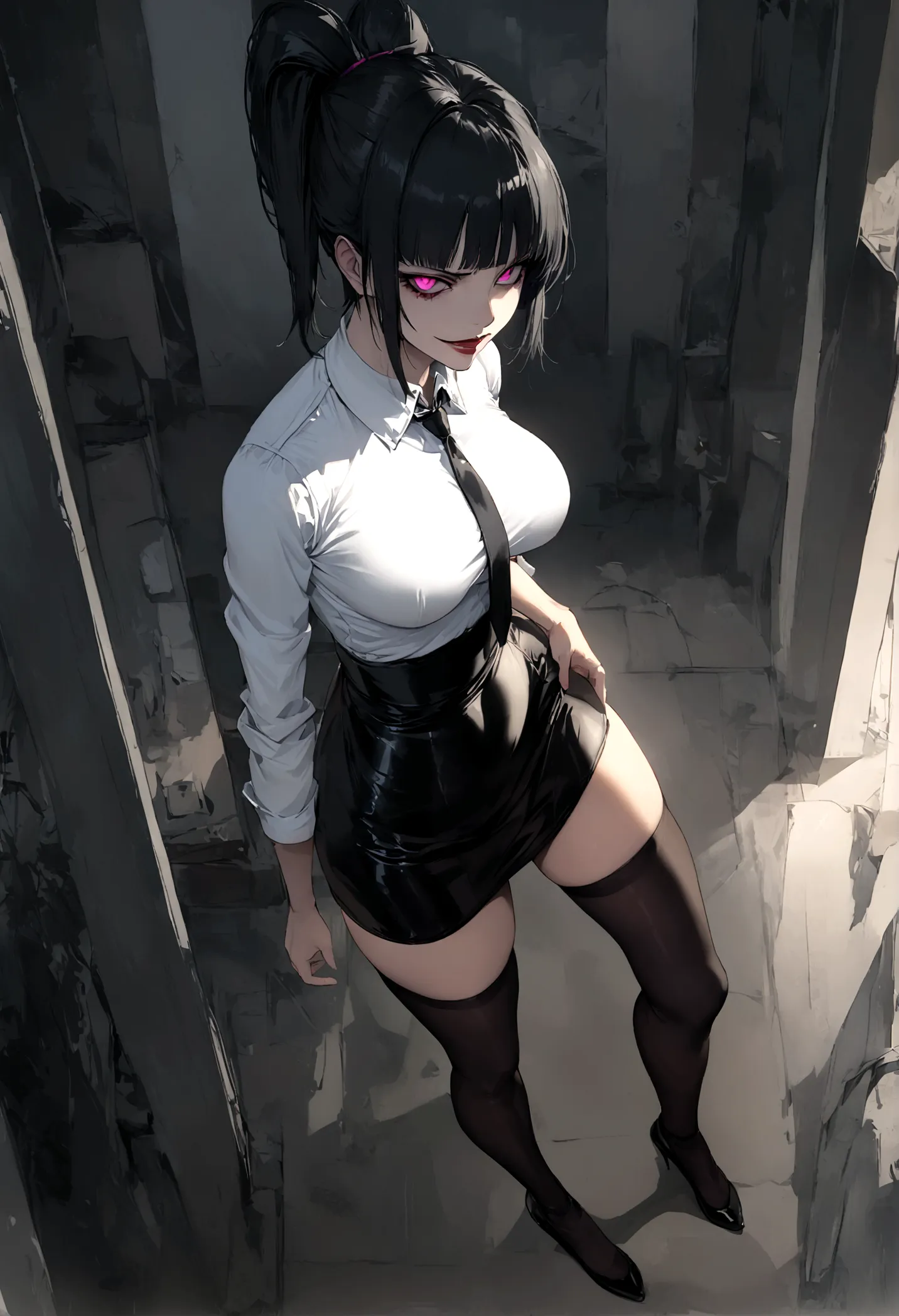 juri han, work of art, tight white secretary shirt with black tie, black high waist skirt, short skirt,stocking, black hair, bla...