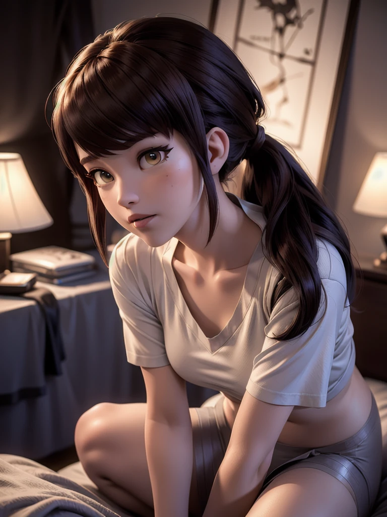 ((DVA from Overwatch)) without her mech, a woman with short brown hair in a (ponytail),she sits on her bed with her legs spread, high quality refelctions, volumetric lighting, she is wearing a ( ice white cropped loose fit t-shirt), very short sleeves, in her bedroom on her bed, 1 girl solo, cinematic lighting, high resolution, physically-based rendering, 8k, volumetric lighting, hyperrealistic, detailed facial features, masterpiece, full upper body, gaming setup in background, cinematic, you can see the fabric of the shirt and the knits very detailed,(she has very small  breasts), (nsfw), the focus is on her whole body and the environment, cinematic screenshot, you can see the (whole room) and her sitting on the bed, she wears an underwear ((panty)) as she is going to sleep soon, the picture has a very soft look at soft textures