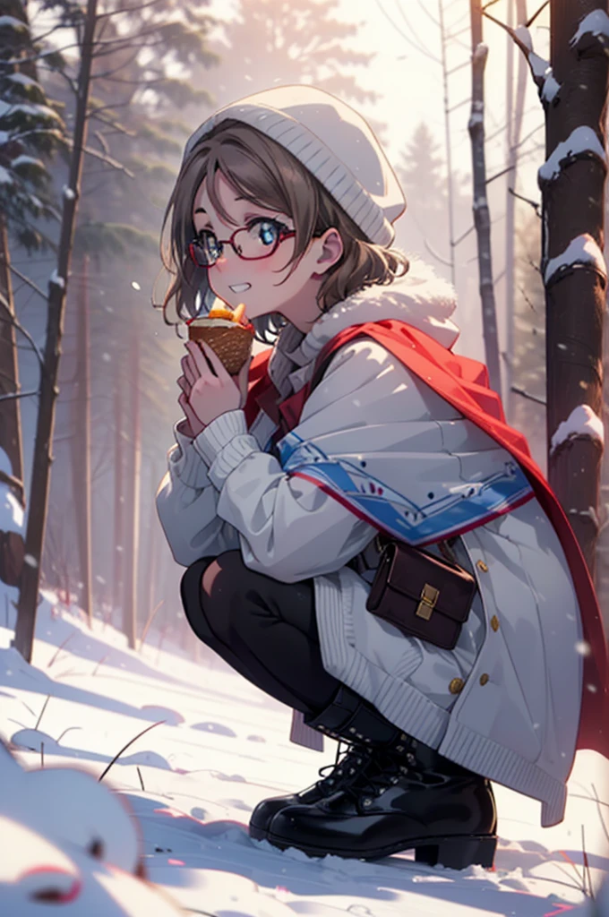 Yo Watanabe, Yu Watanabe, short hair, blue eyes, Brown Hair, smile, Grin,Mid-chest,Black-rimmed glasses,
Open your mouth,snow,Ground bonfire, Outdoor, boots, snowing, From the side, wood, suitcase, Cape, Blurred, having meal, forest, White handbag, nature,  Squat, Mouth closed, Cape, winter, Written boundary depth, Black shoes, red Cape break looking at viewer, Upper Body, whole body, break Outdoor, forest, nature, break (masterpiece:1.2), Highest quality, High resolution, unity 8k wallpaper, (shape:0.8), (Beautiful and beautiful eyes:1.6), Highly detailed face, Perfect lighting, Highly detailed CG, (Perfect hands, Perfect Anatomy),