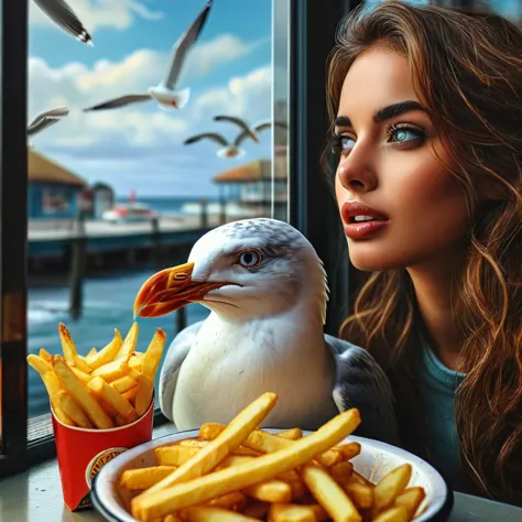 Craving the fries ((seagulls are looking at the glass outside the window :1.9)), a woman is sitting by the window eating fries,s...