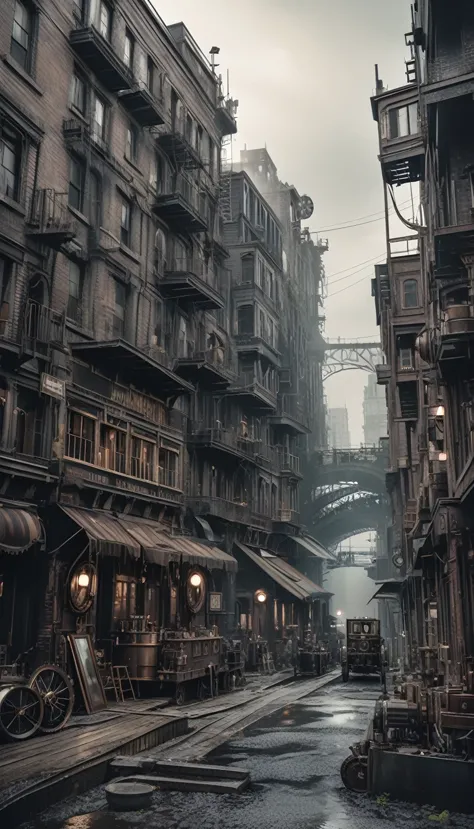 (steampunk:1.5), detailed ruined city street with bridges, foggy atmosphere, grungy industrial aesthetic, dystopian mood, dramat...