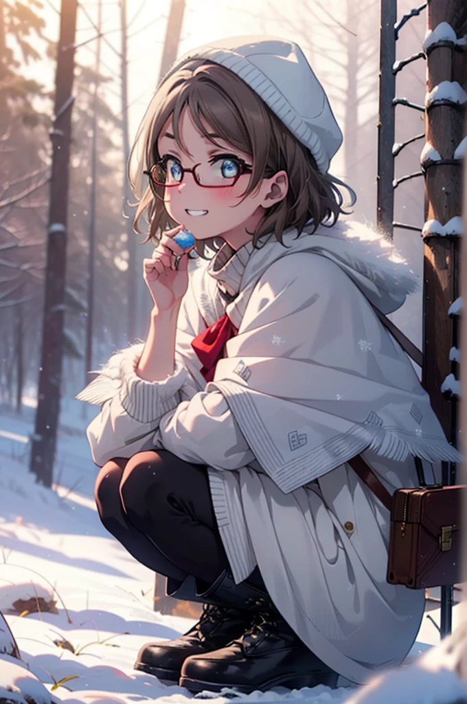 Yo Watanabe, Yu Watanabe, short hair, blue eyes, Brown Hair, smile, Grin,Mid-chest,Black-rimmed glasses,
Open your mouth,snow,Ground bonfire, Outdoor, boots, snowing, From the side, wood, suitcase, Cape, Blurred, having meal, forest, White handbag, nature,  Squat, Mouth closed, Cape, winter, Written boundary depth, Black shoes, red Cape break looking at viewer, Upper Body, whole body, break Outdoor, forest, nature, break (masterpiece:1.2), Highest quality, High resolution, unity 8k wallpaper, (shape:0.8), (Beautiful and beautiful eyes:1.6), Highly detailed face, Perfect lighting, Highly detailed CG, (Perfect hands, Perfect Anatomy),