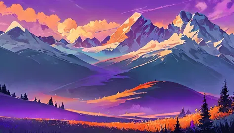 beautiful view of the mountains, orange and purple clouds at sunset, enchanting and magical.