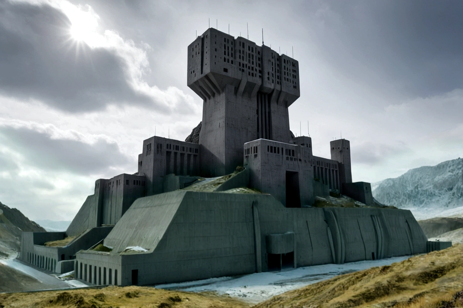 ((SOBRE UN PLANETA EXTRANJERO AL FONDO HAY UNA FORTALEZA DE HORMIGÓN DE ESTILO BRUTALISTA)), (((UNA NAVE ESPACIAL EXTRANJERA VOLADORA FUTURISTA DEL SIGLO 40 PASA EN PRIMER PLANO)) ENTRE LAS MONTAÑAS EMPINADAS E INTRÍNSECAS DE ROCAS AGUDAS CON NIEVE Y HIELO, EL CIELO TORMENTADO Y FRÍO TIENE LAS NUBES DESTRUIDAS POR EL VIENTO HELADO DEL POLO, IMAGEN HIPER REALISTA, profundidad máxima de campo, RESOLUCIÓN MÁXIMA HDR 4K, PERSPECTIVA PERFECTA
