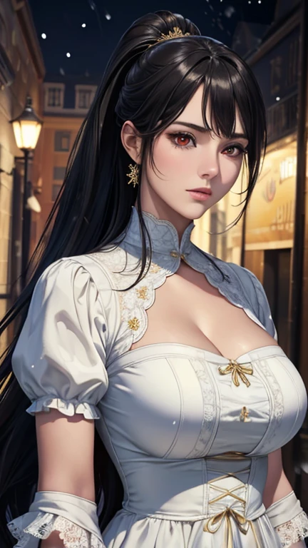 Red Eyes, (best quality, masterpiece painting:1.3), immature woman, 16 years old, (Half-length photo), masterpiece, Ultra-high resolution, (Photorealism:1.0), Black Hair, Ponytail, Straight Hair, Beautiful shiny hair, White and shiny skin, ((Ultra-realistic details)), Octane Rendering, Highly detailed face, (Large Breasts:0.8), She wore stunning Belle Époque inspired outfits, A flowing gold dress，Decorated with lace and ribbon, (clothing: Gold Belle Époque dress with lace and ribbon),cleveage, Perfect body, soft skin, Anime Face, Perfect face, Perfect eyes, Looking at the audience, clever, Snow Scene, ((Snowflakes falling)), ((A wonderful night)), ((outdoor)), Clear focus, Intricate details, Professional artwork, (Vibrant colors:1.1), Vibrant colors, diffused Lighting, Digital Mixing, Ultra-clear body, Ultra-fine hair, Super detailed face, That&#39;it&#39;Popular on Pixiv, Top button open, 可爱的目Light, compensate, Perfect lips, perfect compensate, Ultra-precision coating,  (Light_Smile:0.8), (so awkward:1.2), blush your nose,(((Full and soft breasts,)))(((Large Breasts))) (((Cleavage)))