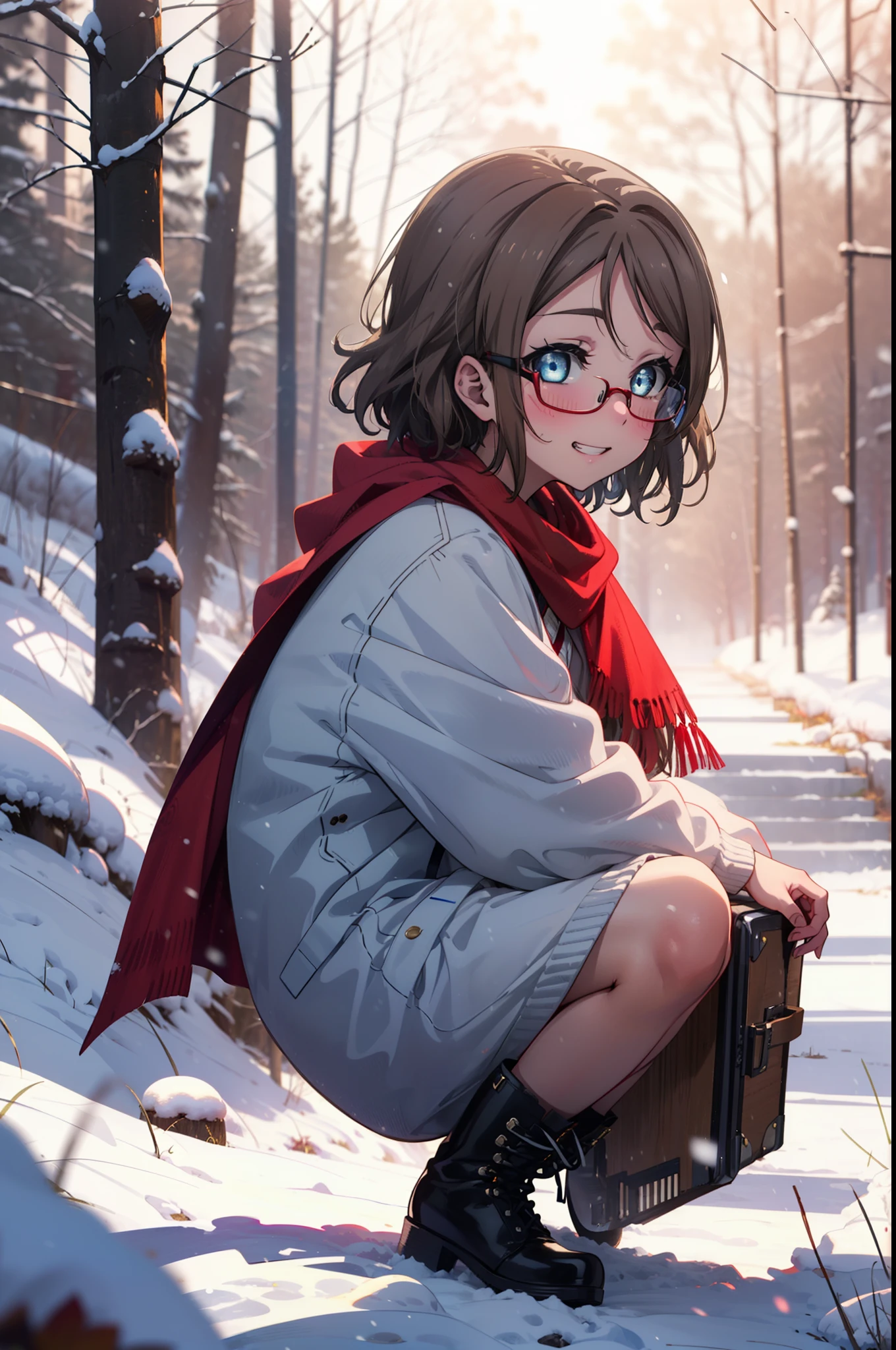 Yo Watanabe, Yu Watanabe, short hair, blue eyes, Brown Hair, smile, Grin,Mid-chest,Black-rimmed glasses,
Open your mouth,snow,Ground bonfire, Outdoor, boots, snowing, From the side, wood, suitcase, Cape, Blurred, having meal, forest, White handbag, nature,  Squat, Mouth closed, Cape, winter, Written boundary depth, Black shoes, red Cape break looking at viewer, Upper Body, whole body, break Outdoor, forest, nature, break (masterpiece:1.2), Highest quality, High resolution, unity 8k wallpaper, (shape:0.8), (Beautiful and beautiful eyes:1.6), Highly detailed face, Perfect lighting, Highly detailed CG, (Perfect hands, Perfect Anatomy),