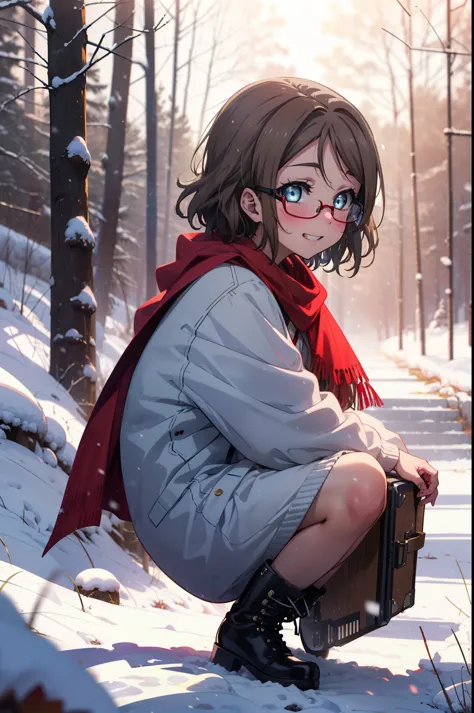 Yo Watanabe, Yu Watanabe, short hair, blue eyes, Brown Hair, smile, Grin,Mid-chest,Black-rimmed glasses,
Open your mouth,snow,Gr...