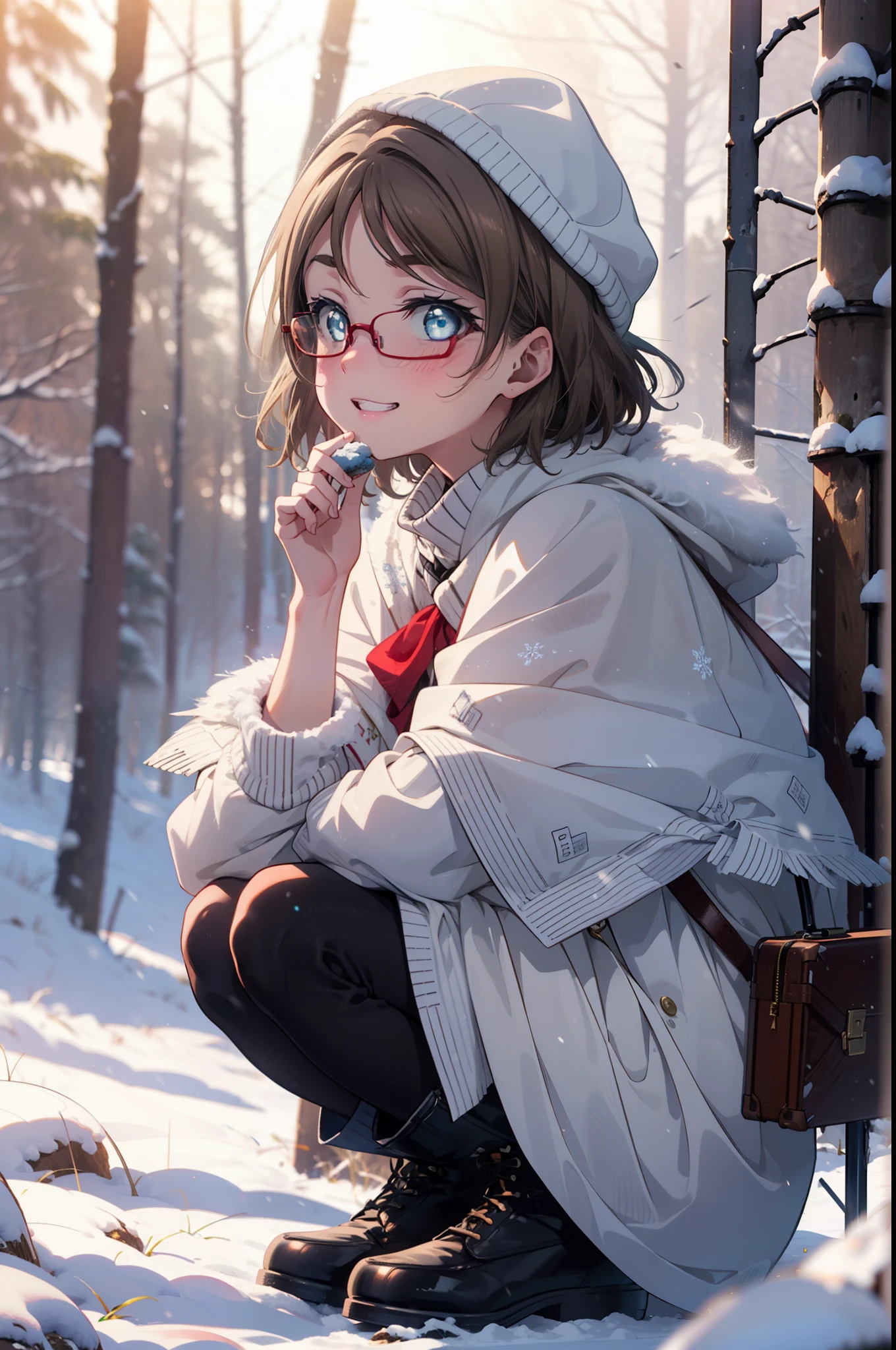 Yo Watanabe, Yu Watanabe, short hair, blue eyes, Brown Hair, smile, Grin,Mid-chest,Black-rimmed glasses,
Open your mouth,snow,Ground bonfire, Outdoor, boots, snowing, From the side, wood, suitcase, Cape, Blurred, having meal, forest, White handbag, nature,  Squat, Mouth closed, Cape, winter, Written boundary depth, Black shoes, red Cape break looking at viewer, Upper Body, whole body, break Outdoor, forest, nature, break (masterpiece:1.2), Highest quality, High resolution, unity 8k wallpaper, (shape:0.8), (Beautiful and beautiful eyes:1.6), Highly detailed face, Perfect lighting, Highly detailed CG, (Perfect hands, Perfect Anatomy),