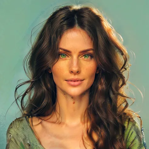 a close up of a woman with long hair and a green shirt, beautiful digital illustration, stunning digital illustration, detailed ...