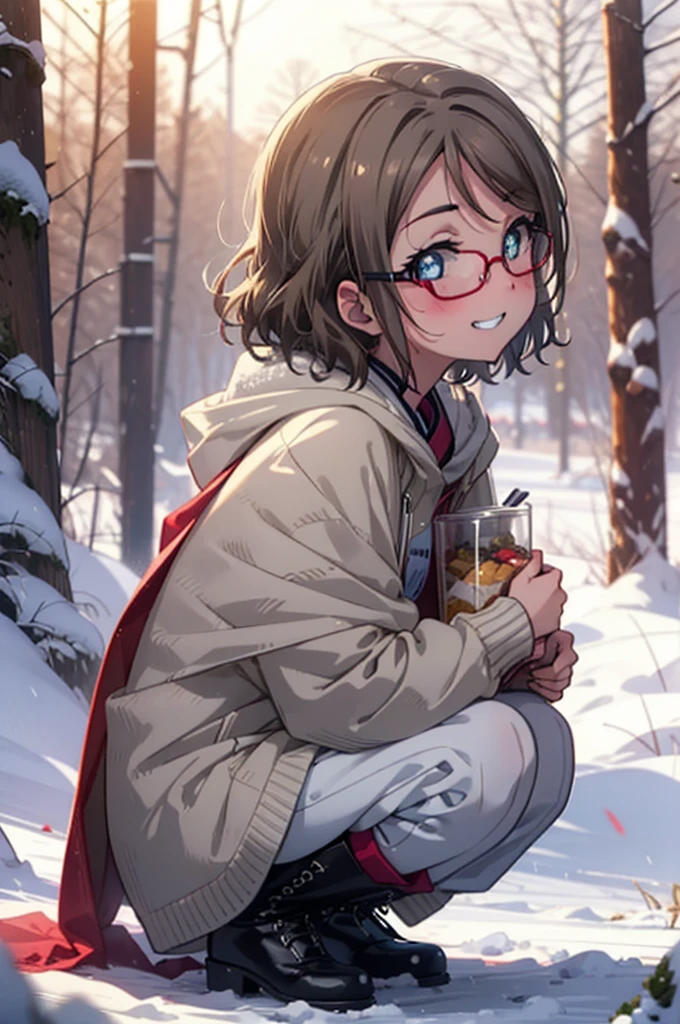 Yo Watanabe, Yu Watanabe, short hair, blue eyes, Brown Hair, smile, Grin,Mid-chest,Black-rimmed glasses,
Open your mouth,snow,Ground bonfire, Outdoor, boots, snowing, From the side, wood, suitcase, Cape, Blurred, having meal, forest, White handbag, nature,  Squat, Mouth closed, Cape, winter, Written boundary depth, Black shoes, red Cape break looking at viewer, Upper Body, whole body, break Outdoor, forest, nature, break (masterpiece:1.2), Highest quality, High resolution, unity 8k wallpaper, (shape:0.8), (Beautiful and beautiful eyes:1.6), Highly detailed face, Perfect lighting, Highly detailed CG, (Perfect hands, Perfect Anatomy),