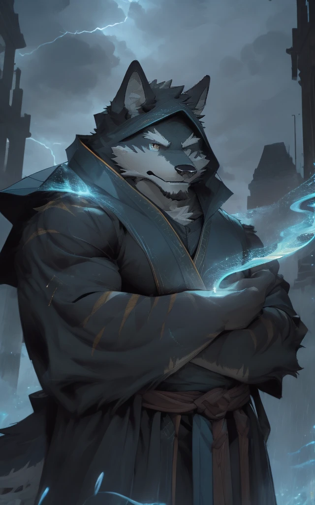 ((best quality)), ((masterpiece)), (detailed), Perfect face,Solitary,Beast field,night,fantasy,rain,thunder,Black fur,Gold Stripes,Anthropomorphic Black Wolf.Wearing a robe that fits his muscles, A long blue cape draped over his shoulders.Golden Eyes,magic,Wizard wearing a hood