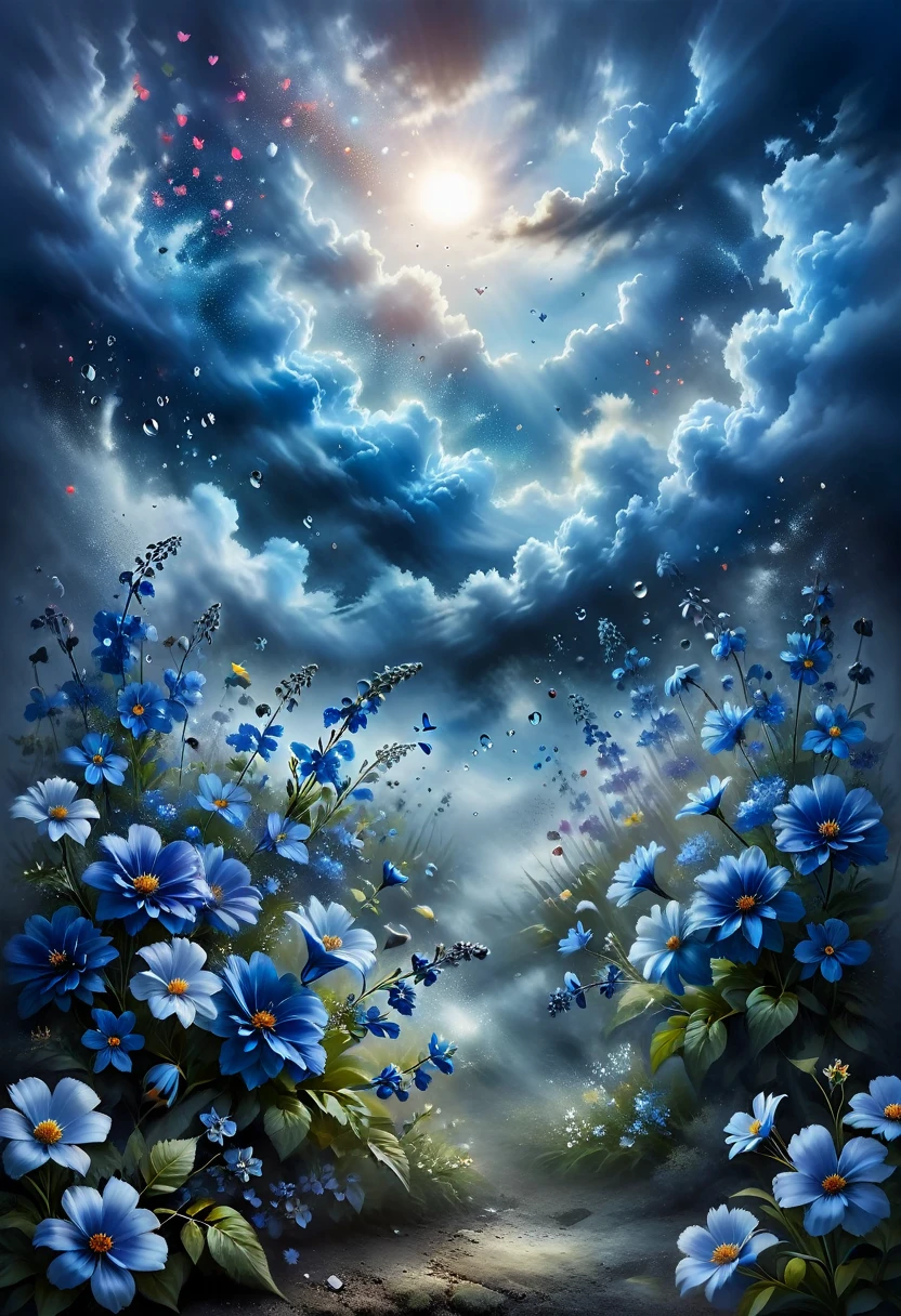 Imagine a soothing scene of joyful loving hearts, each floating serenely in their bubbles amidst a lush garden of vibrant blue flowers.. The petals of these beautiful flowers sway gently in the gentle breeze., adding a sense of calm to a scene. Above them, dark clouds gather in the sky, giving the landscape moody gray-blue tones. However, despite the ominous weather overhead, warm medium light penetrates through the clouds, illuminating the garden and giving a feeling of happiness and satisfaction.