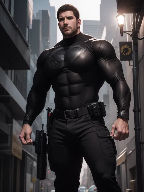 1名Angry super muscular man,  short hair，On a vintage outdoor street under the hot sun, Wear long sleeve dark brown superhero bla...