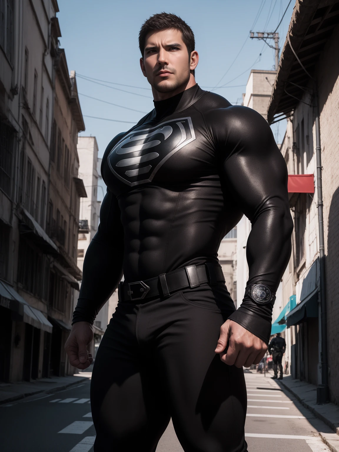 1名Angry super muscular man,  short hair，On a vintage outdoor street under the hot sun, Wear long sleeve dark brown superhero black panther tights, Dark brown texture，The expression is arrogant, Thick thighs, Messy hair, Thick thighs, Turtleneck Long Sleeve Dark Brown Superhero Bodysuit, very tight, Regular symmetrical pattern, High targetlight muscles, Police uniform pants, character concept（Resident Evil - Chris Redfield, Chris Redfield）A proud expression, Deep and charming eyes, Heroic male pose, tall Burly, muscular！muscular thighs, Tough Guy, Perfect facial features, High target, Burly, Heqiang, Super exquisite and cool, High target Resolution Committee, Charming, The sun is blazing, Dazzling