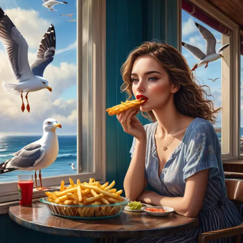 Craving the fries ((seagulls are looking at the glass outside the window :1.9)), a woman is sitting by the window eating fries,s...