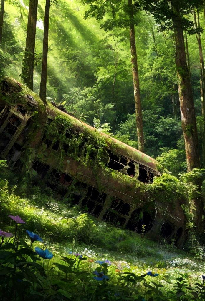 A massive plane crash site transformed by nature, with wildflowers blooming around it, and lush greenery creeping over the wreckage, located in a secluded forest glade. Soft light filtering through dense canopy, peaceful and abandoned. Anime nature, peaceful vibes, highly detailed, hd quality, natural look