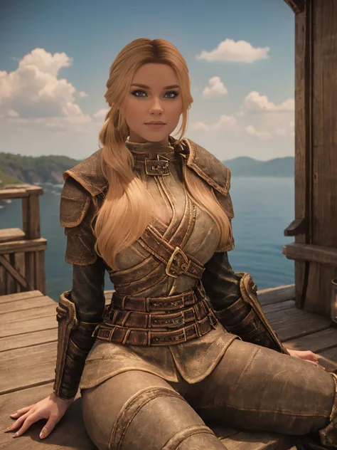 A majestic female Breton warrior maiden, her long, curly blonde hair tied back by a crimson ribbon, sits cross-legged on the woo...