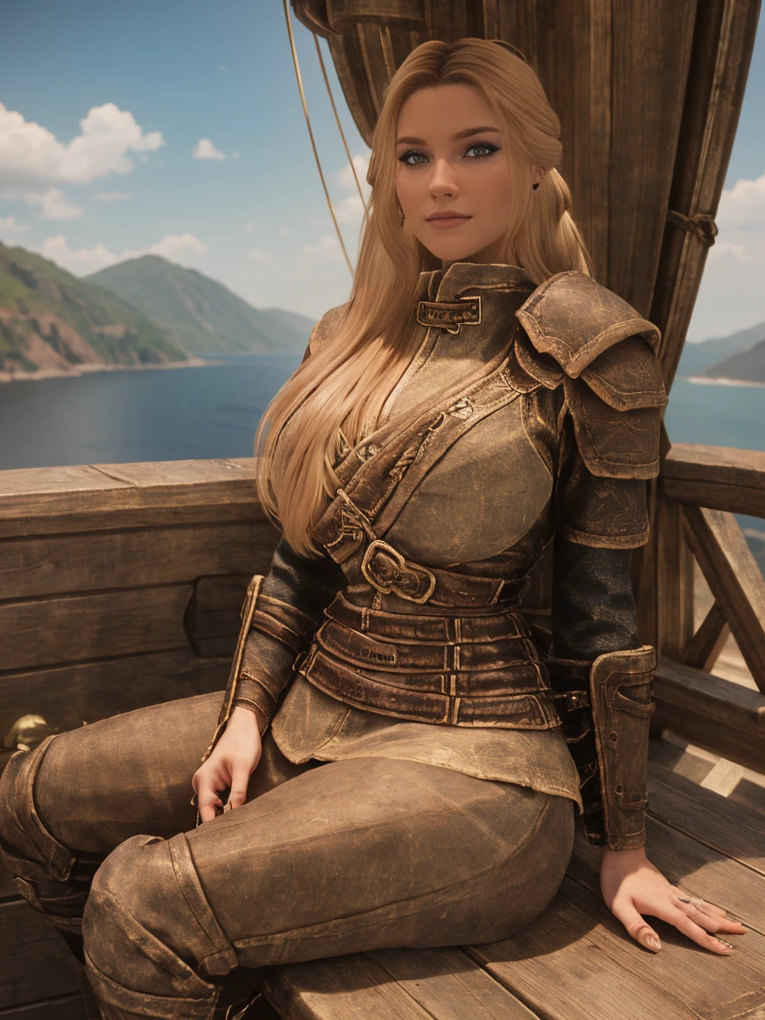 A majestic female Breton warrior maiden, her long, curly blonde hair tied back by a crimson ribbon, sits cross-legged on the wooden deck of the majestic ship in Daggerfall's harbor, basking in the warm sunlight. Her armor, adorned with intricate silver filigree, gleams against the blue sky as she dons a short skirt and knee-high boots. Her piercing gaze, bold and unyielding, meets the viewer's direct stare, her features illuminated by the golden light.