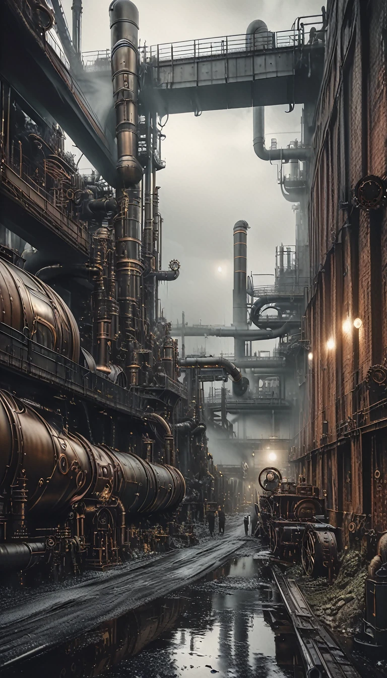 (steampunk:1.5), detailed large ruined industrial factory, foggy atmosphere, polluted environment, dirty industrial aesthetic, dystopian atmosphere, dramatic lighting, muted color palette, highly detailed masterpiece (best quality, 4k, 8k, high resolution, artwork master: 1.2), ultra detailed, (realistic, photorealistic, photorealistic: 1.37)(art inspired by Bill Sienkiewicz). oil painting)
